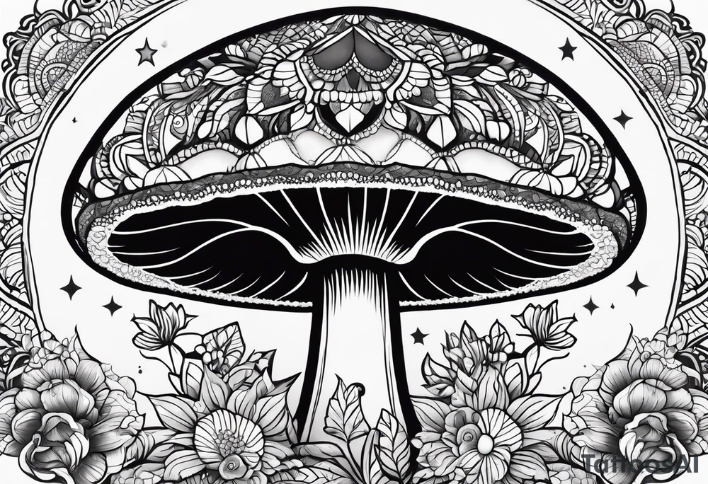 Black mushroom tattoo with henna style mandala crescent moon design surrounding it tattoo idea