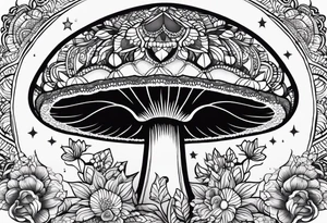 Black mushroom tattoo with henna style mandala crescent moon design surrounding it tattoo idea
