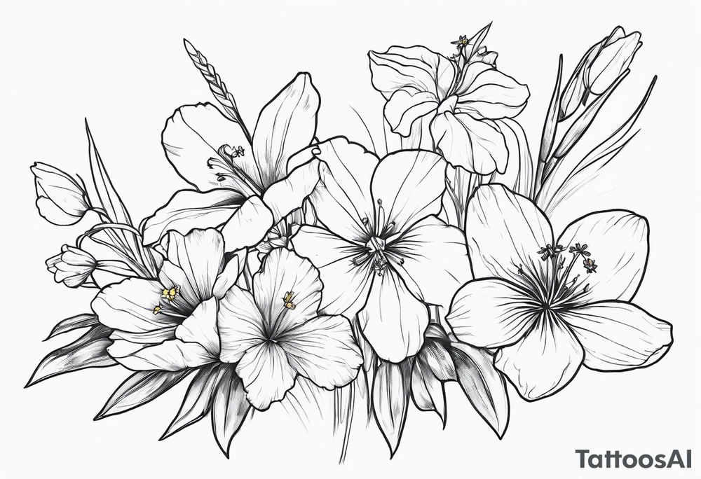 a tall, vertical minimalist style line art tattoo of a bouquet of violets, daffodils, gladiolus, and cosmos tattoo idea