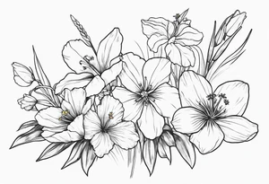 a tall, vertical minimalist style line art tattoo of a bouquet of violets, daffodils, gladiolus, and cosmos tattoo idea
