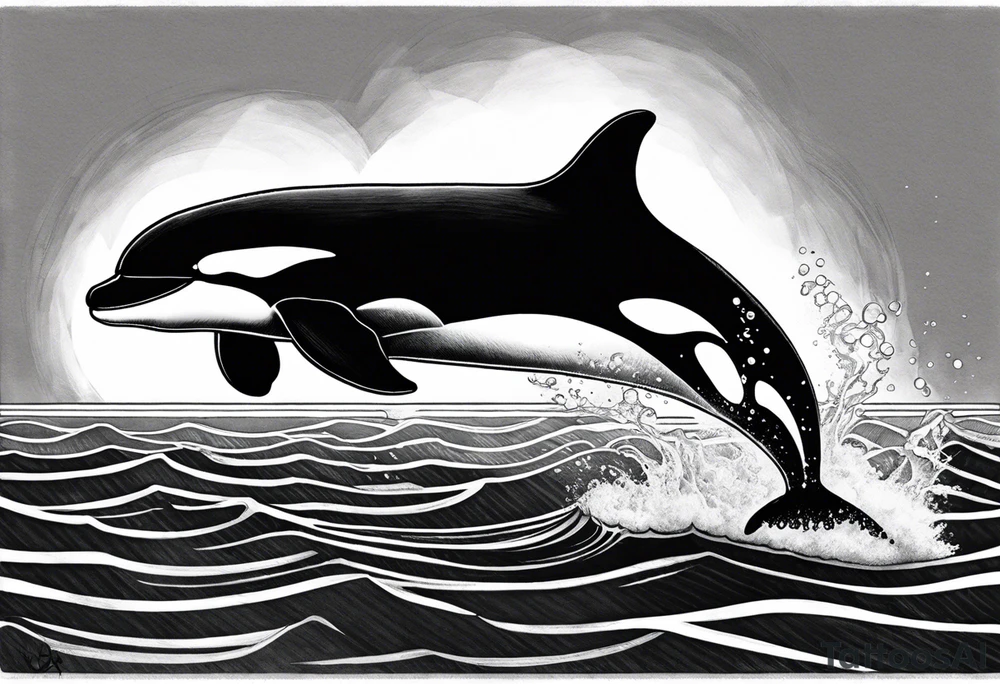 A male orca, black tattoo, 6-7 cm. sun beams in water, male orca diving down, tattoo viewpoint is half in water half out, maybe the big male dorsal fin is out of water on top if it looks good. tattoo idea