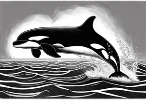 A male orca, black tattoo, 6-7 cm. sun beams in water, male orca diving down, tattoo viewpoint is half in water half out, maybe the big male dorsal fin is out of water on top if it looks good. tattoo idea