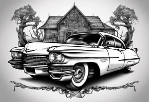 I want a tattoo of an old Cadillac car with the name “Viking Customs” incorporated in the design tattoo idea