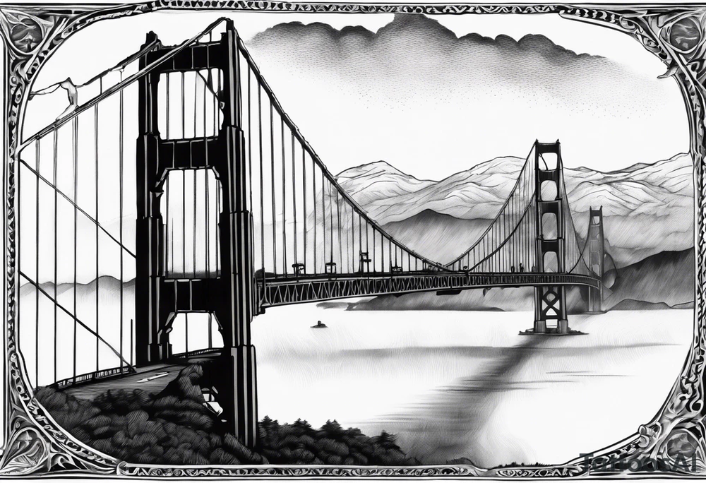 Golden Gate Bridge with fog rolling in with Marin hills in the background tattoo idea