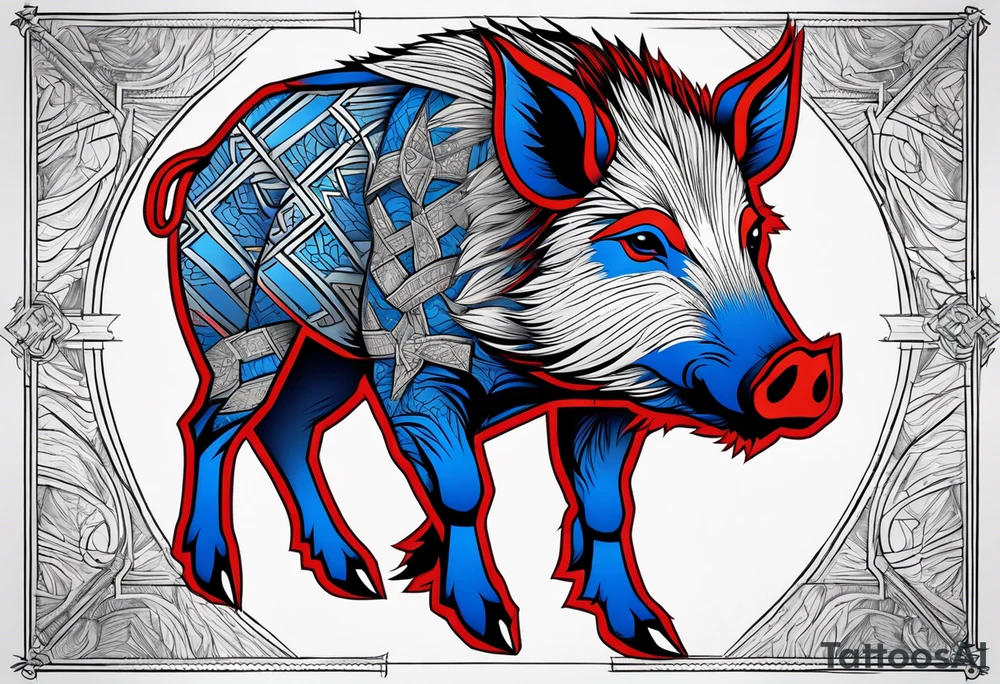 Wild boar that is blue with 3 red crosses tattoo idea