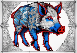 Wild boar that is blue with 3 red crosses tattoo idea