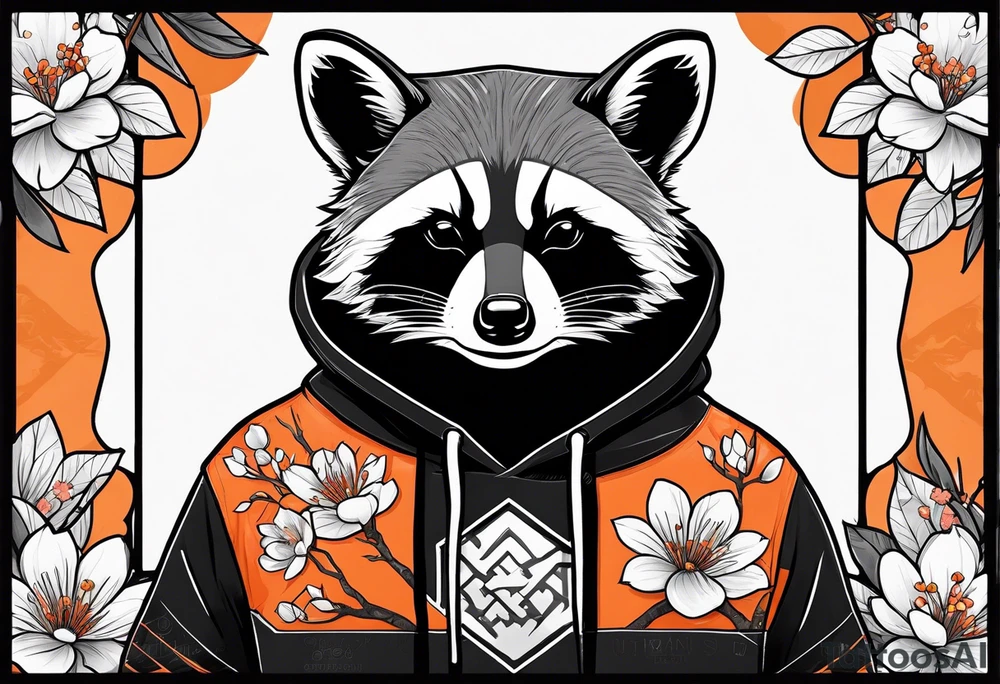 Raccoon wearing a white Superman logo on a black hoodie and orange Japanese cherry blossoms tattoo idea