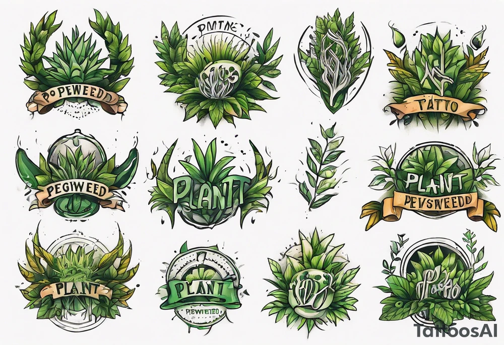 Arm band tattoo spelling ‘Plant Powered’ with plants tattoo idea