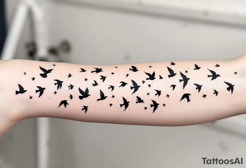 Flock of birds in flight across a fading sky – A dynamic group of birds soaring in various stages of flight, moving from the wrist toward the shoulder (or across the back). The birds start as detailed silhouettes in rich black and gradually become lighter and more abstract, as if dissolving into the wind. tattoo idea