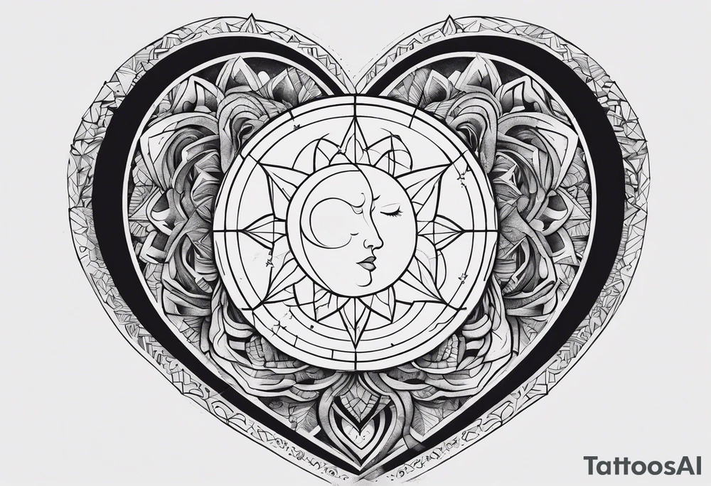 In the middle, there's a heart and behind it, a scar. On the right side of the heart, a sun, while on the left side, a moon. tattoo idea