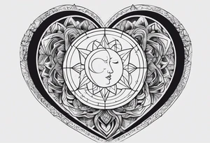 In the middle, there's a heart and behind it, a scar. On the right side of the heart, a sun, while on the left side, a moon. tattoo idea