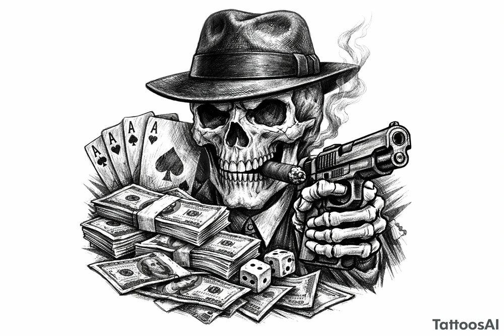 skull with gangster-hat,cigar in his mouth,gun in a skeleton-hand,playing cards,a lot of money. tattoo idea