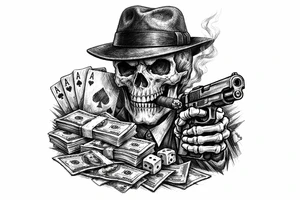 skull with gangster-hat,cigar in his mouth,gun in a skeleton-hand,playing cards,a lot of money. tattoo idea