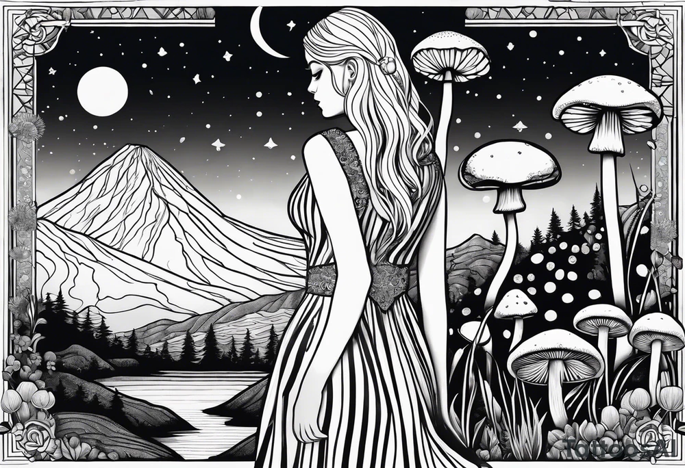 Straight blonde hair girl facing away toward mountains surrounded by mushrooms crescent moon mandala circular design black and white striped dress tattoo idea