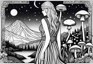 Straight blonde hair girl facing away toward mountains surrounded by mushrooms crescent moon mandala circular design black and white striped dress tattoo idea
