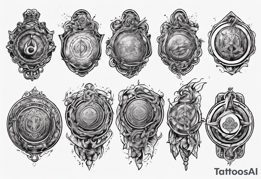 arm holding medallion with rope tattoo idea
