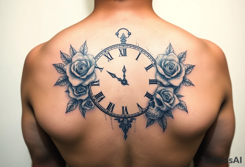 Broken Clock face 11:43 as set time. With roses and skull tattoo idea