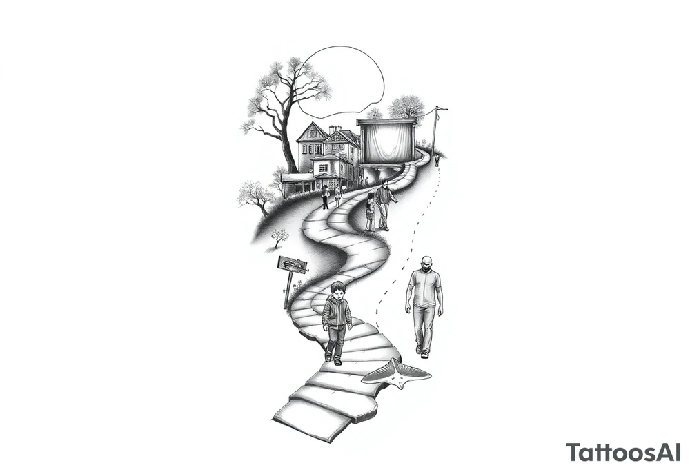 designing a black and white tattoo for a half-sleeve on shoulder: path beginning in the bottom end and winding upwards. The first third starting at the bottom. On the left are a few trees and on the right side a village and a school. A child is walking the path. On the second third, the path changes to a street. On its right side is a city and on its left side a few friends, which are attending a heavy metal concert, which is taking place on a stage. The child has grown into adolescence and is walking the street with a skateboard in one hand. On the third third, there is a man on the still upwards winding street, with drum sticks in one hand. There is a japanese Tori on the street and on the left, the streets changes to a beach. In the sea a manta ray is visible. tattoo idea