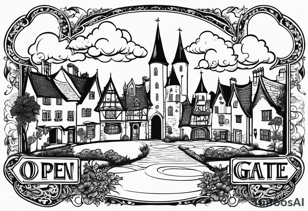 medieval town houses open gate towers garden circle vignette surrounded by clouds tattoo idea