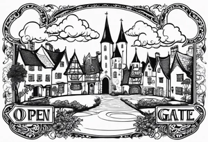 medieval town houses open gate towers garden circle vignette surrounded by clouds tattoo idea