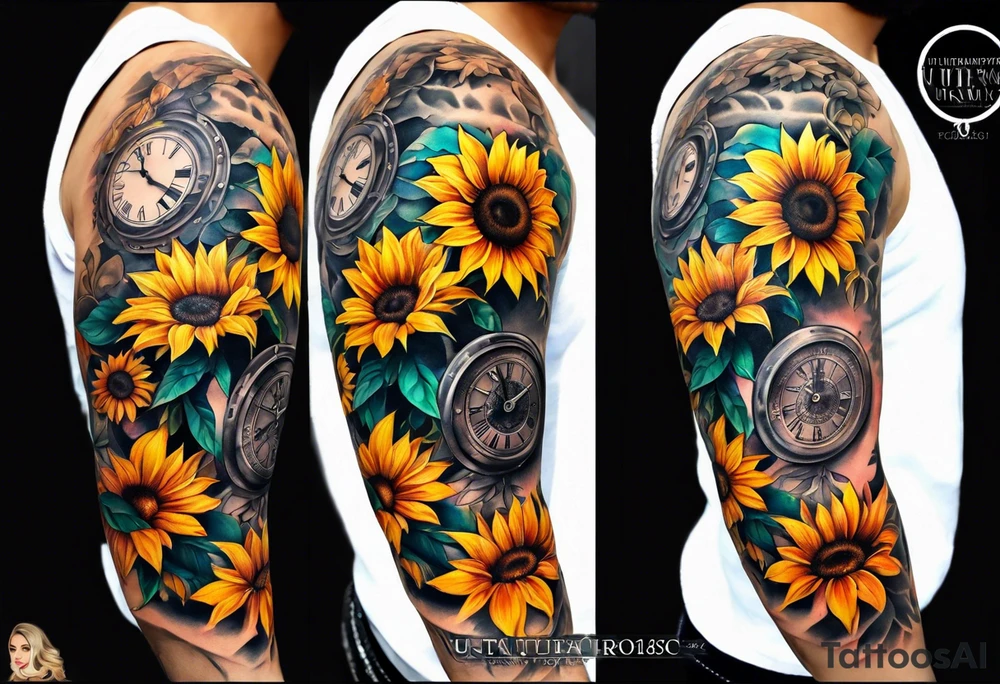 Arm sleeve Foral sunflower and roman numeral tattoo idea