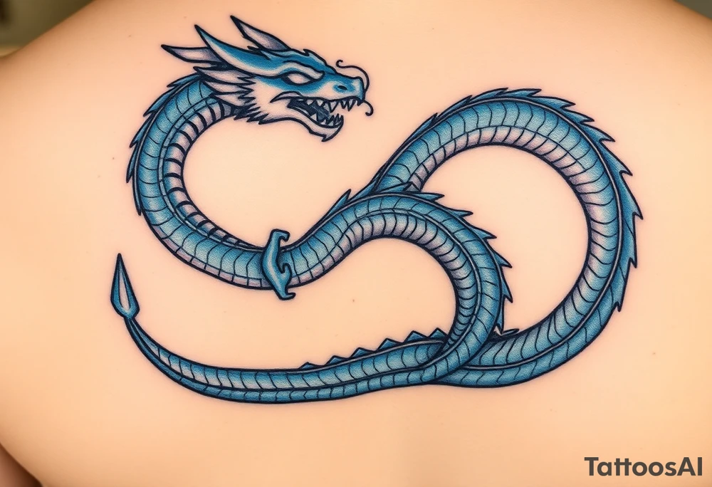 The design features a dragon, coiled in the shape of the infinity symbol (sideways number "8"). The dragon is depicted eating its own tail, symbolizing eternity and continuity, inspired by the Ouroboros.

Details:

The dragon's body has vibrant, glossy blue scales, with a smooth and polished texture.
It maintains a clean, balanced shape in the infinity figure, with sharp details and elegant flow.
Style:

The focus remains on the dragon's form, with no additional background elements to keep the design minimal and modern. tattoo idea