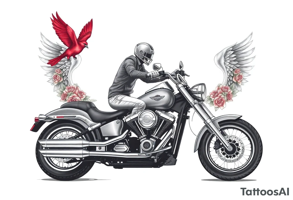 Harley grey motorcycle driving away, two red birds flying, roses, flames, angel wings tattoo idea