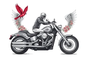 Harley grey motorcycle driving away, two red birds flying, roses, flames, angel wings tattoo idea