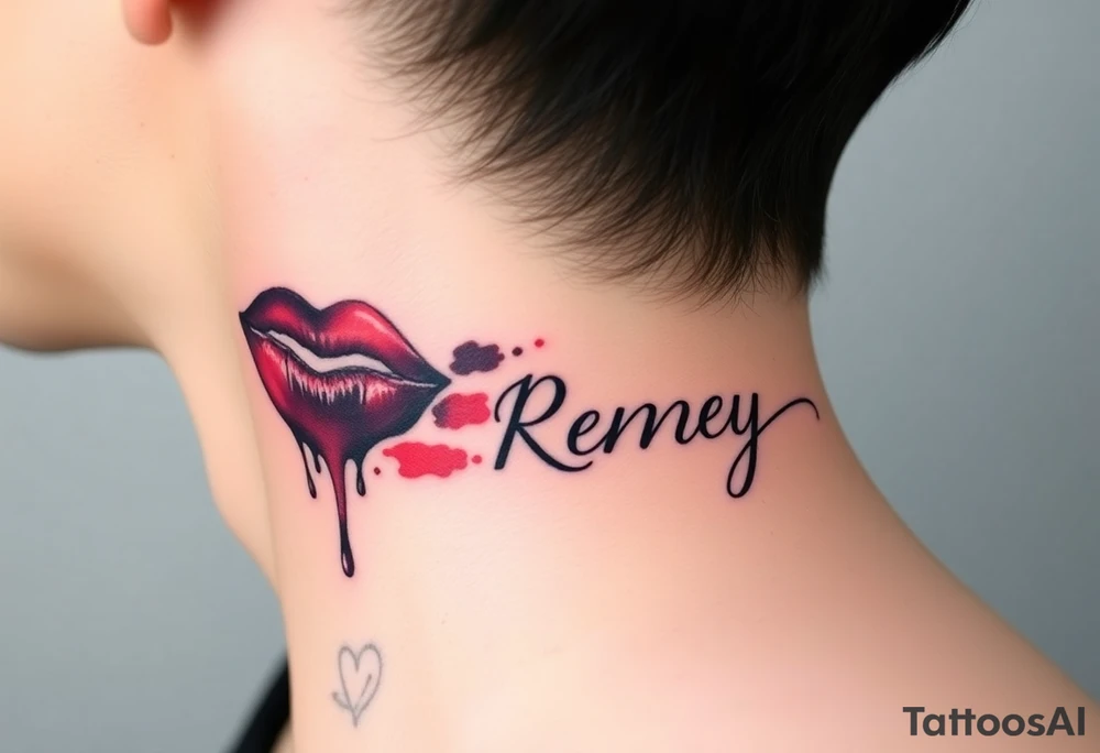 Seductive Stain from lipstick kiss with name Reney lowercase with drool tattoo idea