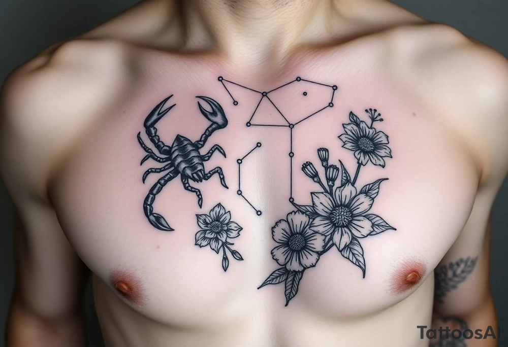 A medium tattoo including the constellation of Scorpio & Virgo as well as the flowers associated with October & September into one tattoo idea