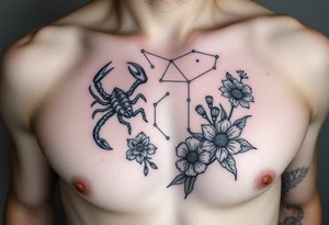 A medium tattoo including the constellation of Scorpio & Virgo as well as the flowers associated with October & September into one tattoo idea
