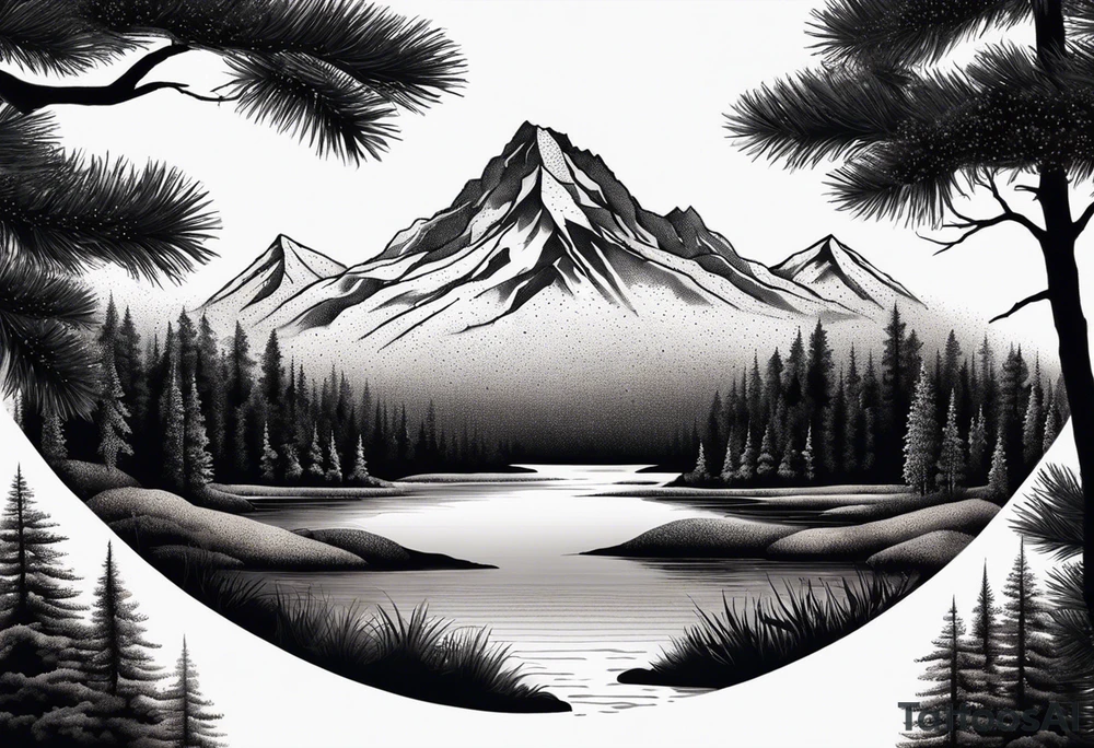 A snow capped mountain with pine trees and a river, the pine trees start to blend into palm trees, and the river becomes an ocean tattoo idea