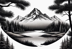 A snow capped mountain with pine trees and a river, the pine trees start to blend into palm trees, and the river becomes an ocean tattoo idea