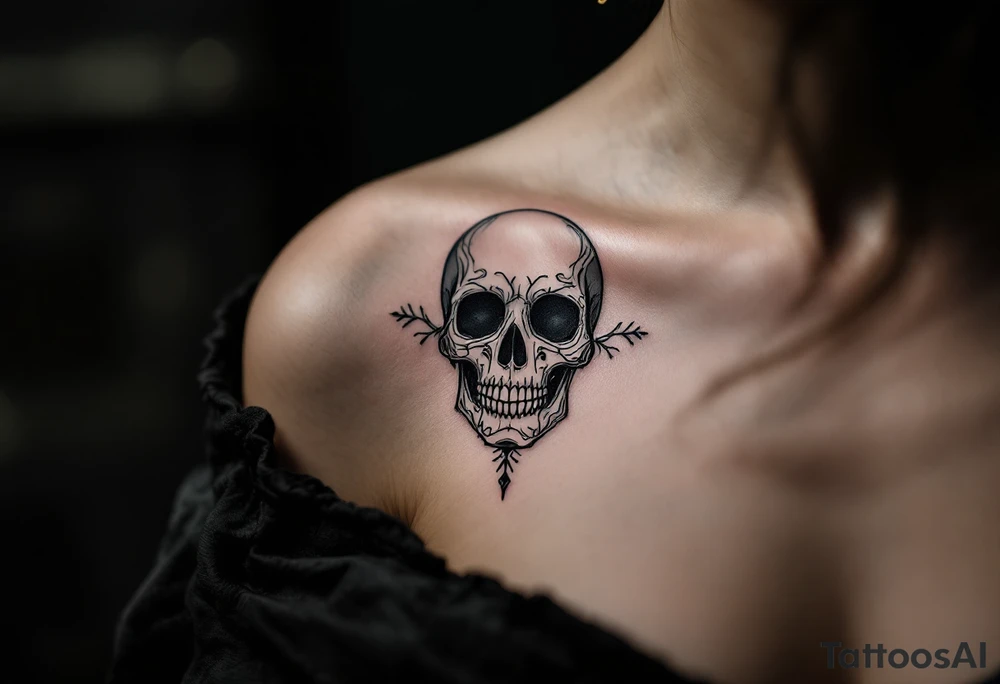 A Victorian-style framed mirror reflecting a skull in muted silver and black, with "memento mori" engraved along the edge. tattoo idea