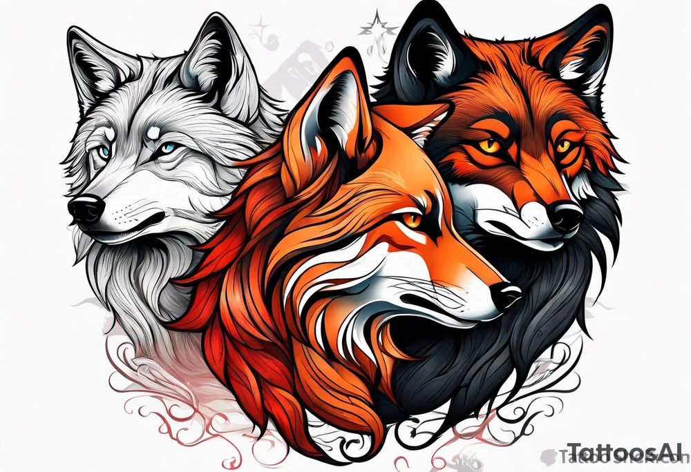 Black wolf and red fox nuzzling tattoo idea