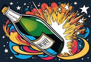 A champagne bottle exploding in space, above the world tattoo idea