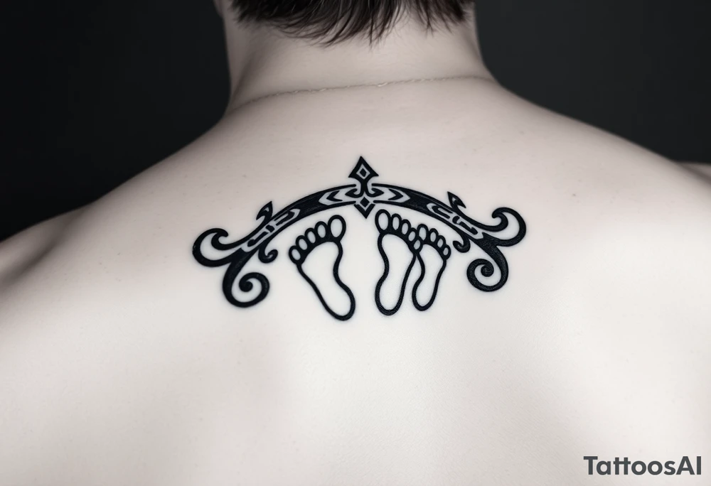 Tribal tattoo in ring/band with Ghanaian symbols as well jamaica incorporated with 4 baby foot prints tattoo idea