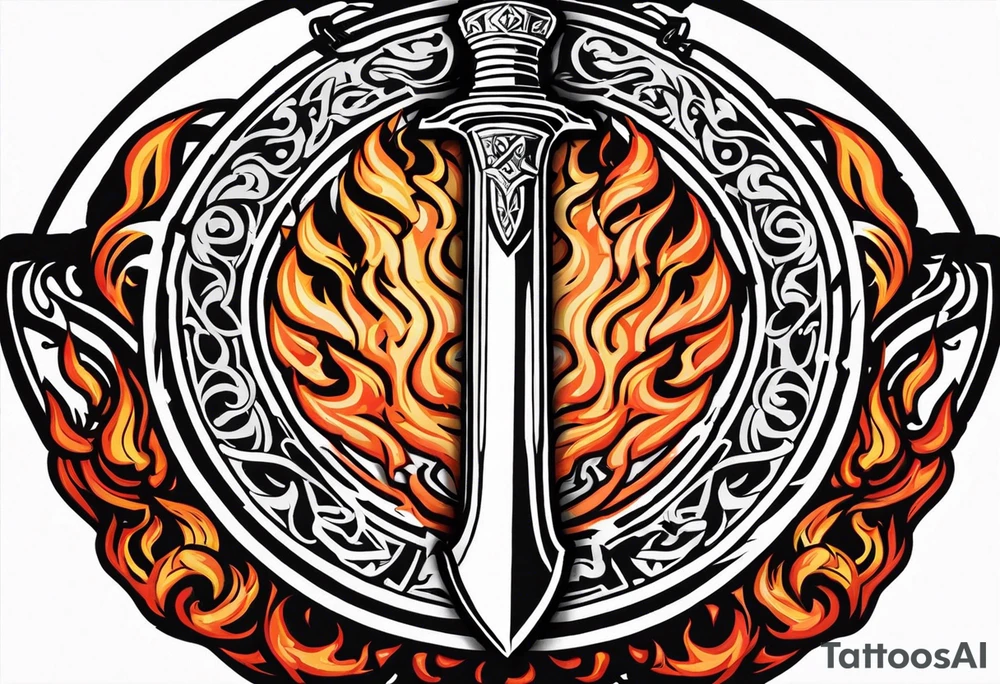 Valhalla on  fire shield sword tattoo idea