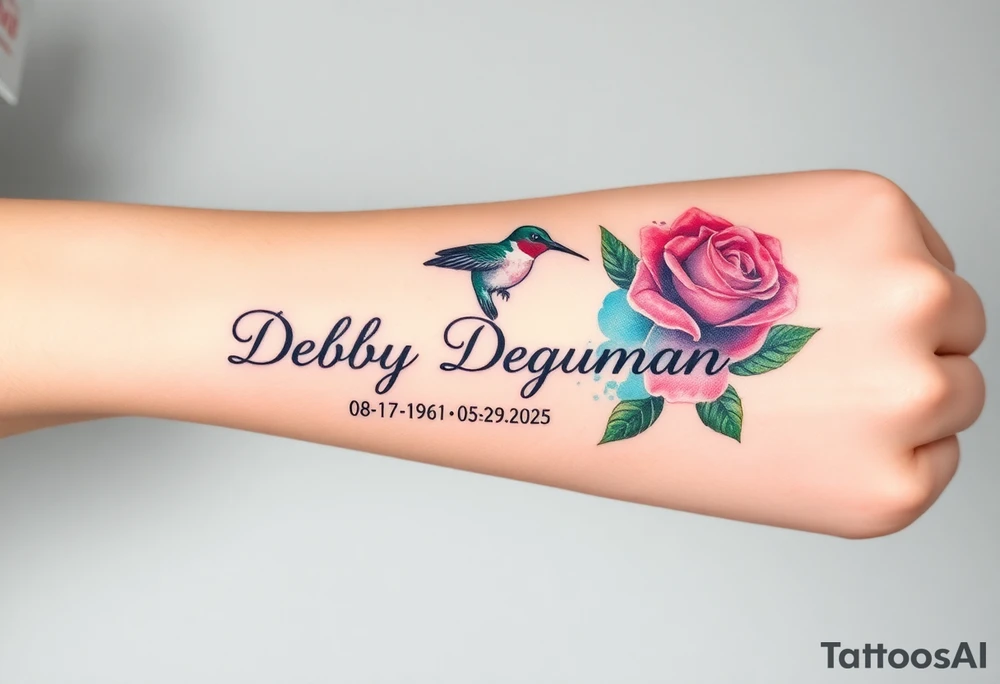 A tattoo on the forearm with the name Debby Deguzman with a humming bird and a rose 08-17-1961 to 05-29-2025 tattoo idea