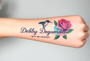 A tattoo on the forearm with the name Debby Deguzman with a humming bird and a rose 08-17-1961 to 05-29-2025 tattoo idea
