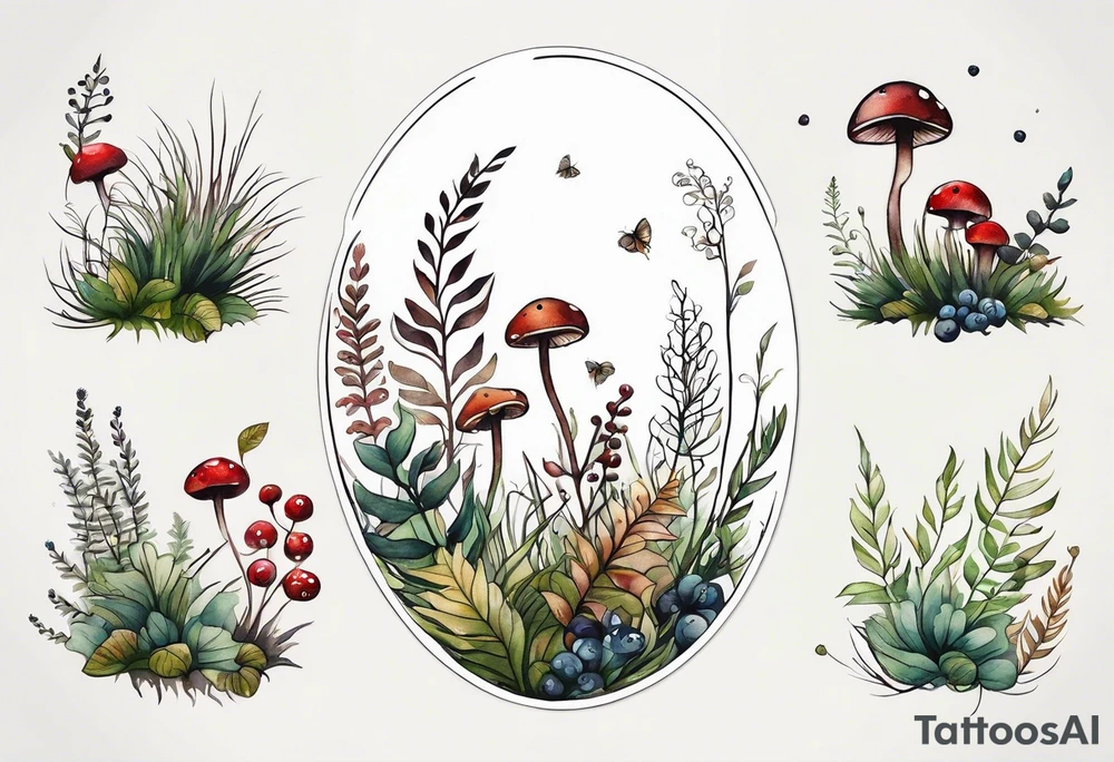 forest floor inspired minimalist tattoo, which includes grass, curly ferns, moss and dead leaves as the bulk of the tattoo. details to include: forest berries, a tiny bumblebee flying nearby, three small brown mushrooms
Generate a vertically long one tattoo idea