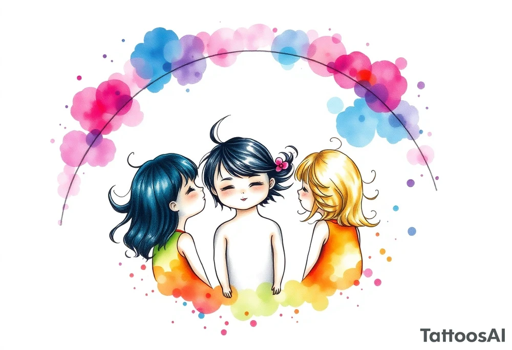 3 petites filles ( une cheveux noir et deux blondes)
sous un arc en ciel incomplet tattoo idea