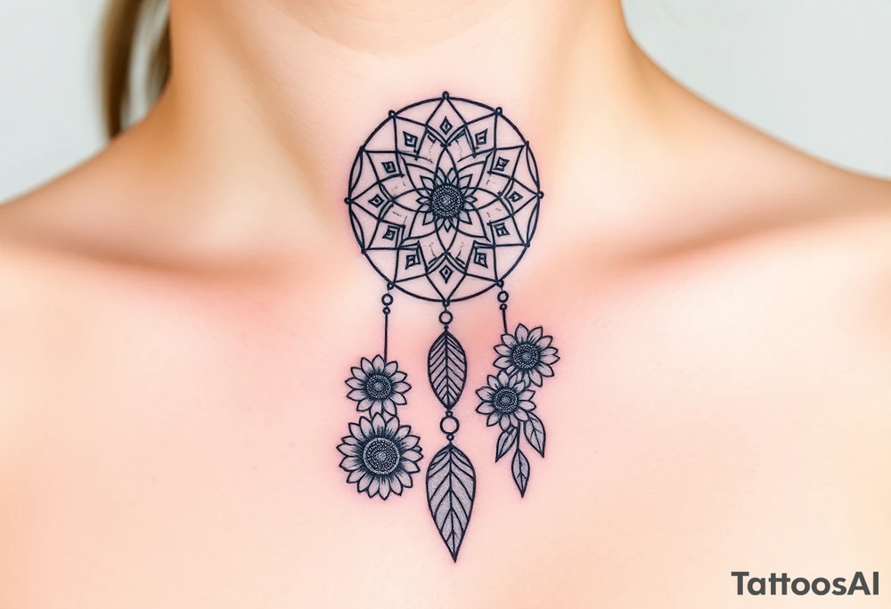 Dreamcatcher with zodiac symbols and protection runes caught in it with tigerlillies roses and sunflowers tattoo idea
