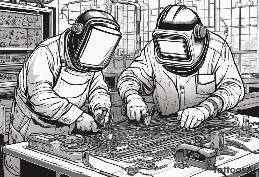 Two 60-year-old characters working together on creating a mechanism made of iron and electronic circuits. The first character is a welder, dressed in a welding suit and mask. The second character is a fitter, wearing a shirt with sleeves rolled up to the forearms and a tool belt. The mechanism they are working on should be in the center of the drawing, with the characters positioned on either side of the mechanism. The sketch should convey a sense of teamwork and craftsmanship tattoo idea