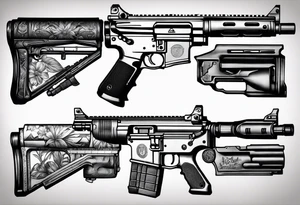 A forearm tattoo that includes an M4 Carbine rifle, a Beretta M9 pistol tattoo idea