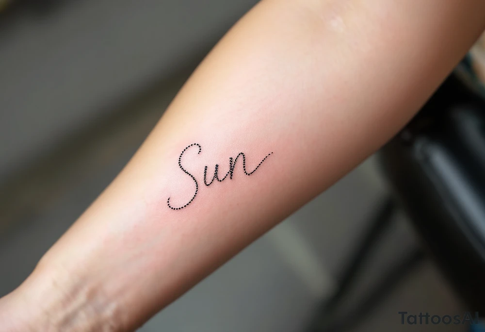 Word "Sun" written vertical with small sunflower in pink tattoo idea