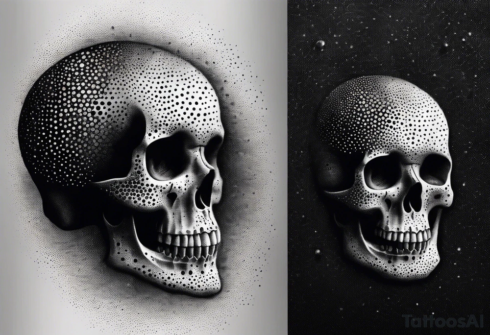 I want to make the picture simple, without too many gorgeous backgrounds, just a skull looking at the hazy fog in the sky, and the skull should give the feeling of trypophobia. tattoo idea