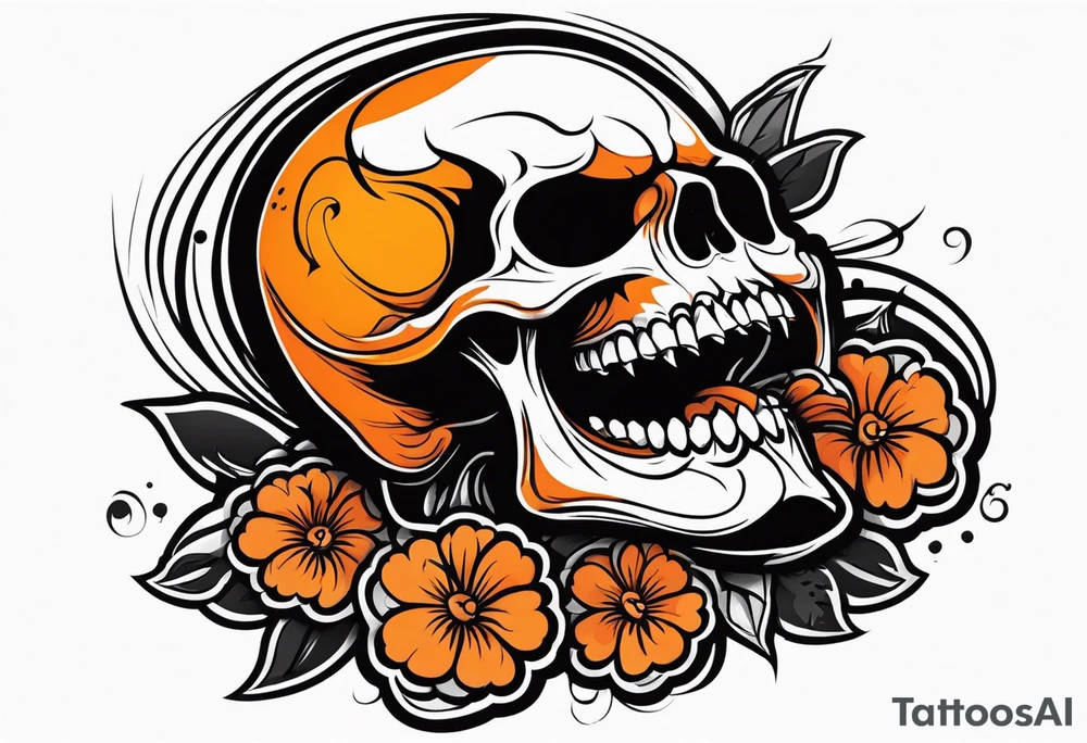 skull laughing black and orange tattoo idea