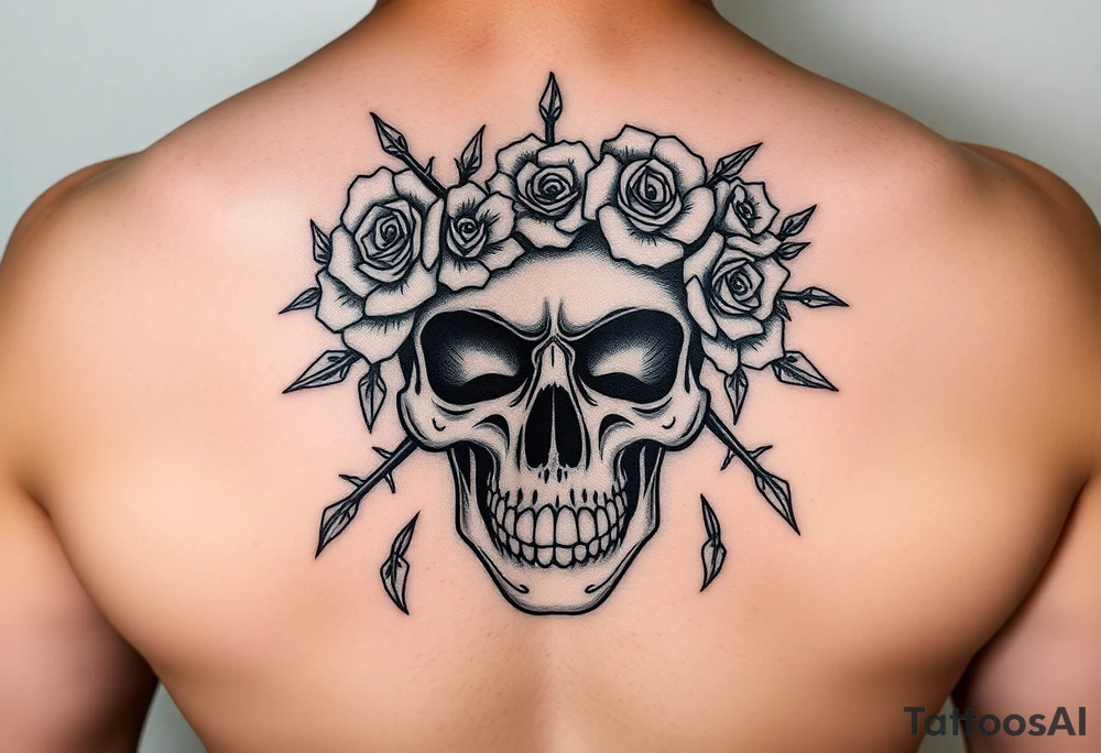 ornate skull adorned with crown of wild roses and thorns tattoo idea
