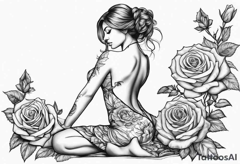Bloomed rose with female body, kneeling tattoo idea